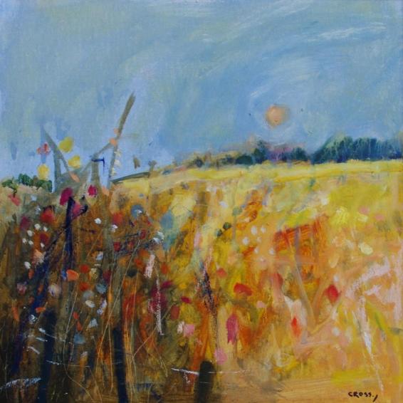 an oil painting of a yellow field and a blue sky