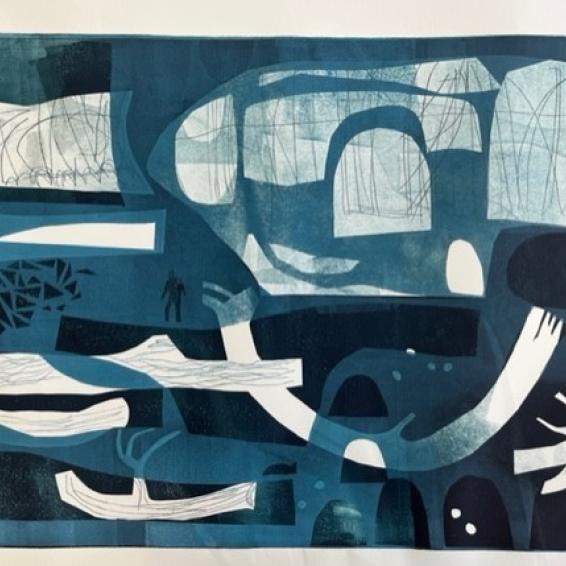 a semi abstract print of a beach
