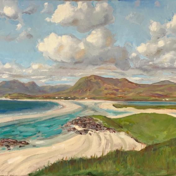 an oil painting of a beach with hills