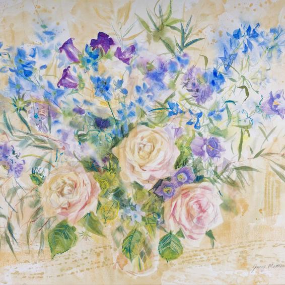 a pale watercolourof a bouquet of mixed flowers
