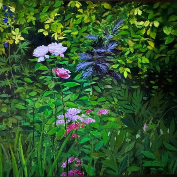 A painting of Roses and Golden Hop in a border