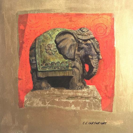 a small painting of an elephant against a gold background