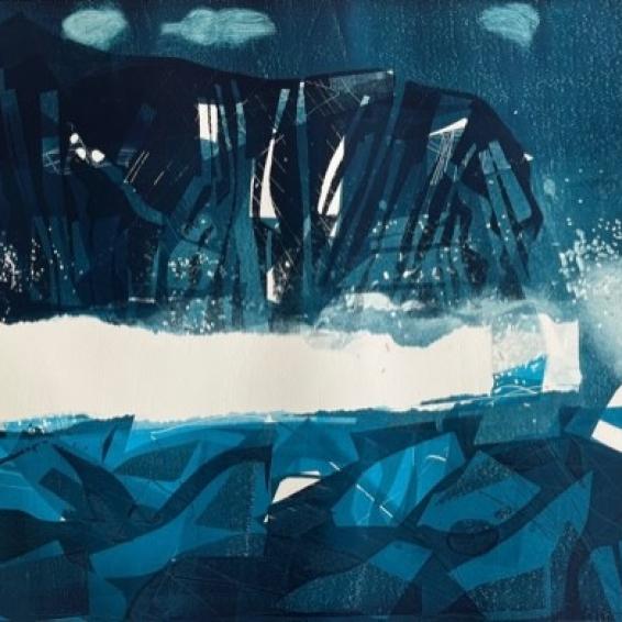 a semi abstract print of a stormy sea smashing against a cliff