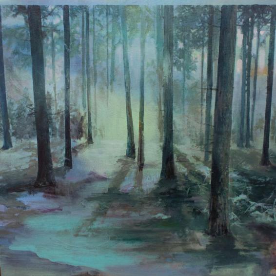 a painting of trees With light coming through
