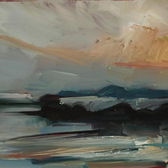 a small landscape painting with an orange sky