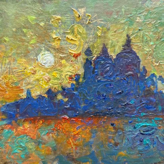 an oil painting of Venice with the sun in the background
