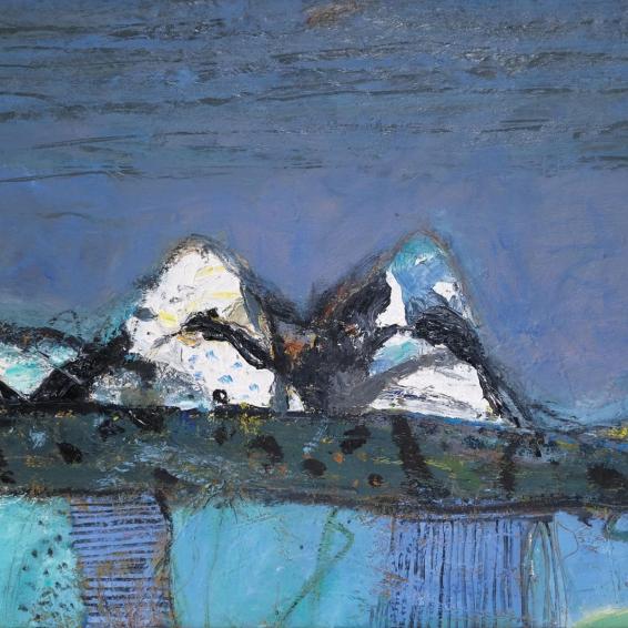 a semi abstract landscape painting with mountains.