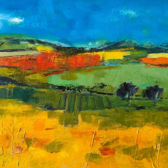 an oil painting of colourful fields and a blue sky