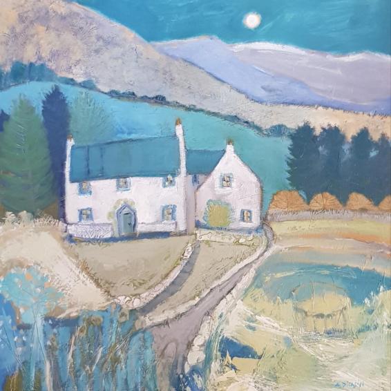 an oil painting of a White House in a landscape.