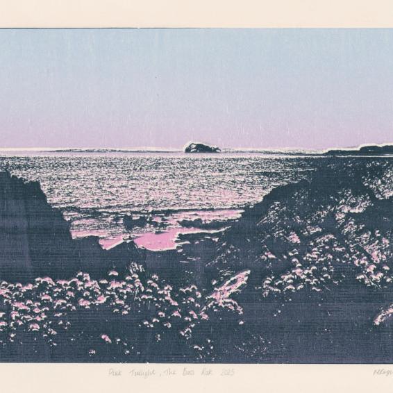 a coloured print of a rocky shore with the bass rock in the distance
