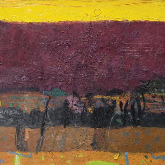 a semi abstract landscape painting with a yellow sky.
