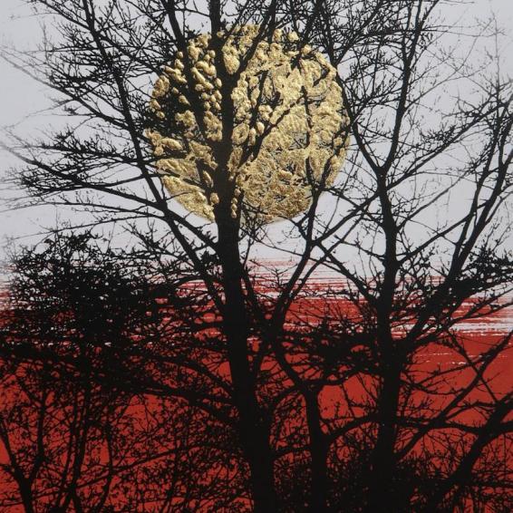 a screen print of a winter tree with the sun behind