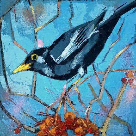 oil painting of a Blackbird on a branch against the blue sky