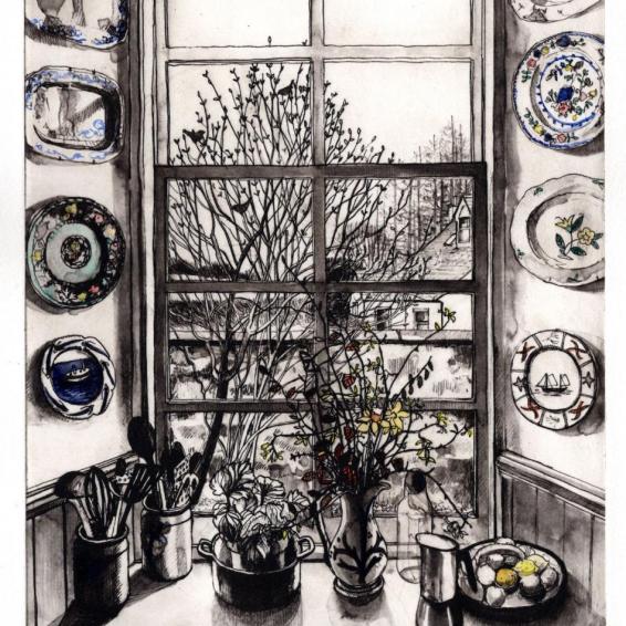 an etching of a window sill with plates