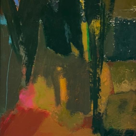 a semi abstract oil painting of a woodland.