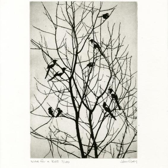 an etching print of Magpies on a tree