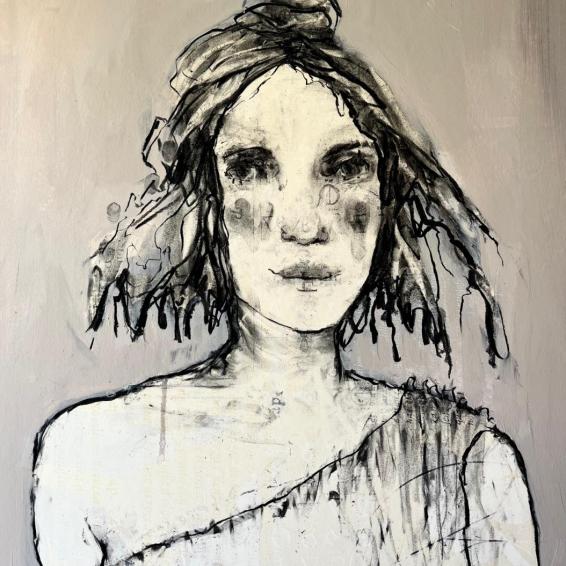 a portrait of a woman in black and white