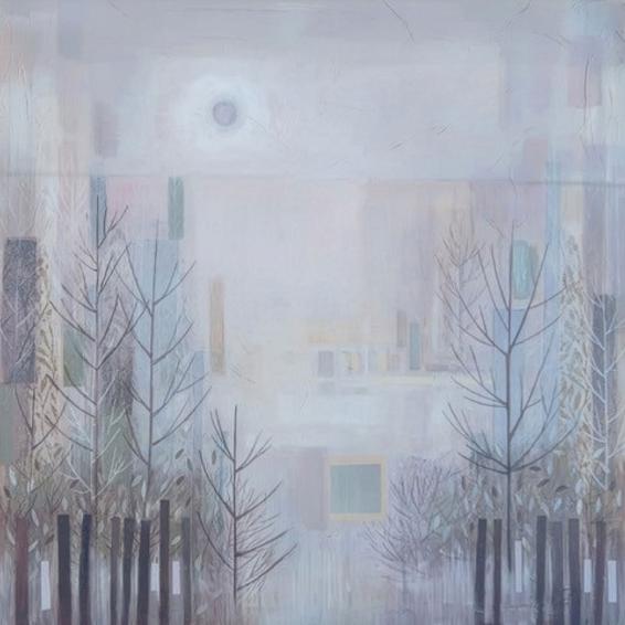 a painting of trees in winter in pale gray