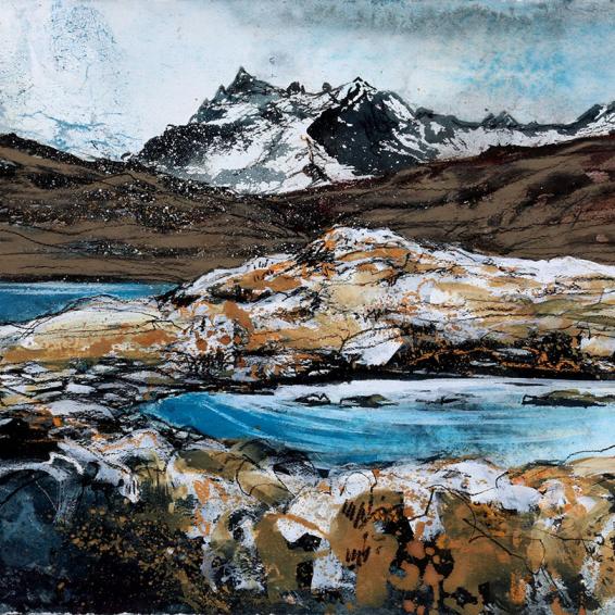 a landscape painting of moorland ponds and mountains