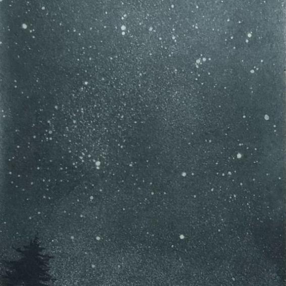 an etching of a cottage with a starry sky
