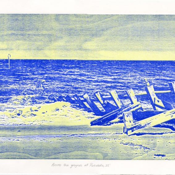 a coloured print of a beach with blue water