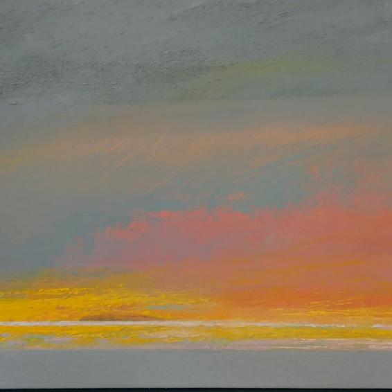 a semi abstract painting of an orange and grey sky