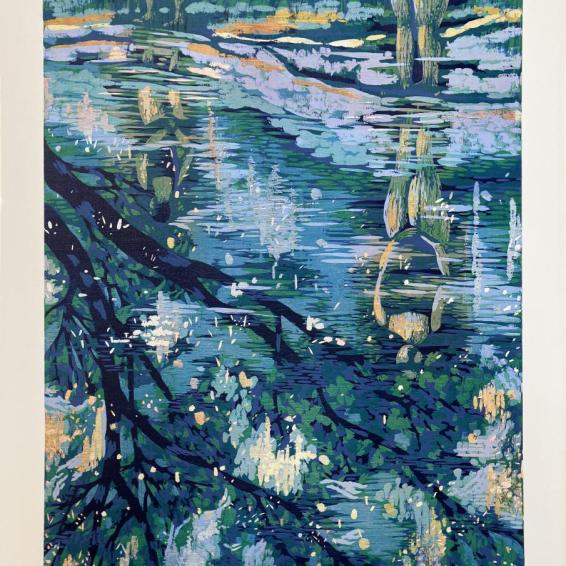 a coloured print of a figure reflected in the river