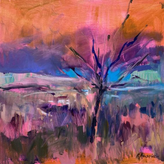 a landscape painting with a tree in the foreground and an orange sky