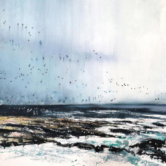 a watercolour painting of a flock of birds flying over