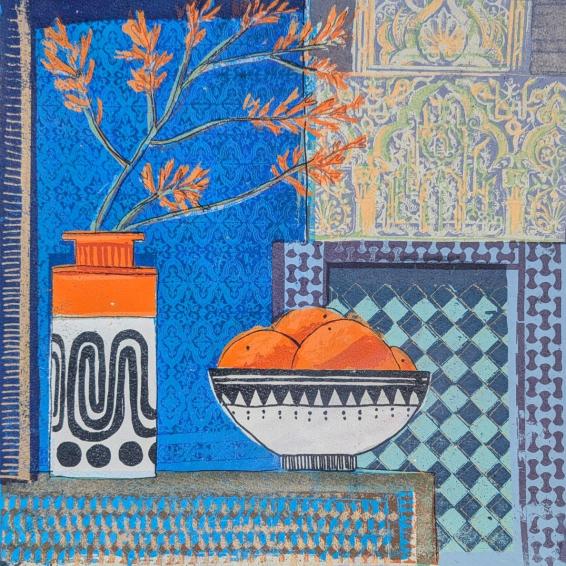 a print of flowers and a bowl