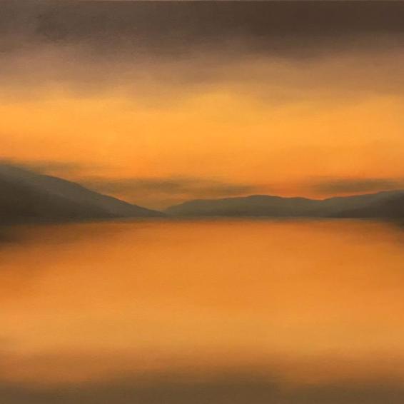 A large oil painting of a sunset with reflections