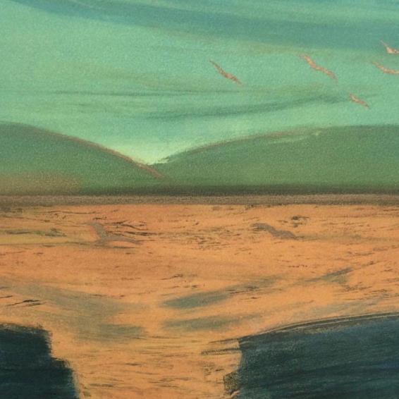 a monoprint of hills And a flock of birds