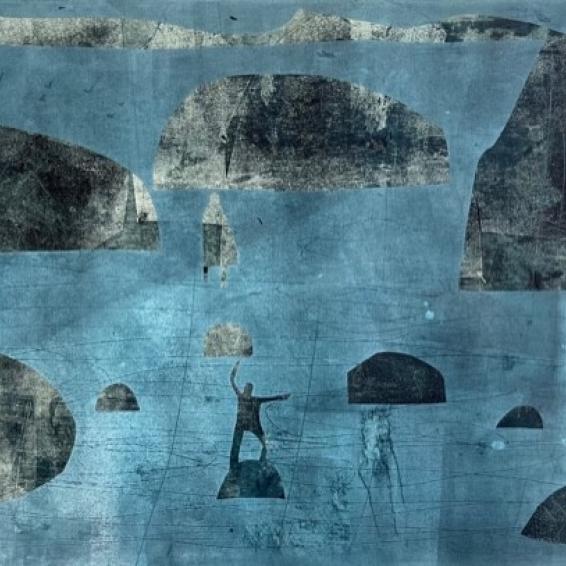 a semi abstract print of Rocky Islands and figures