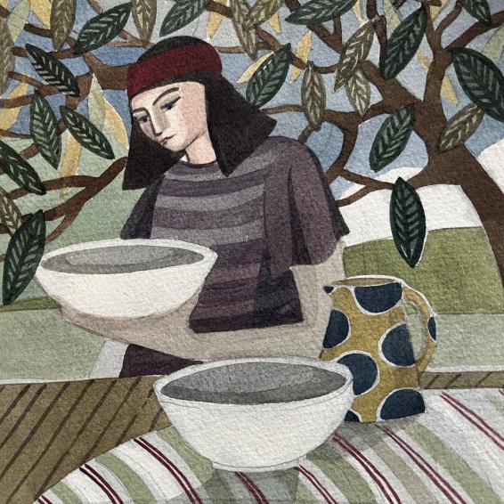 a Watercolour of a standing with two white balls and a jug