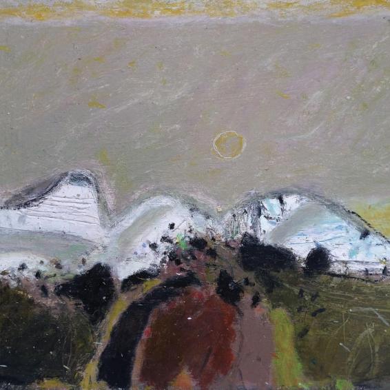 a semi abstract landscape of mountains with snow.