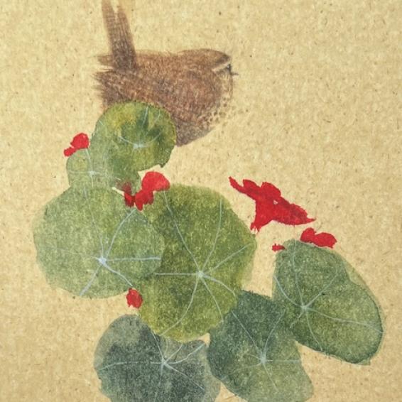 a watercolour painting of a ran sitting on a plant