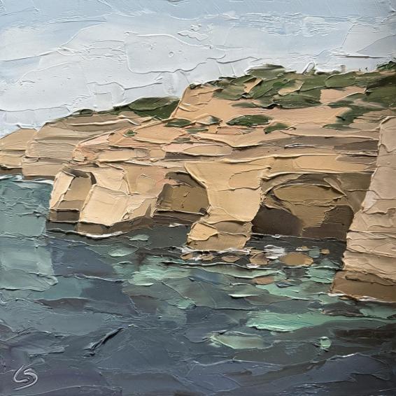 an oil painting of cliffs at the water's edge