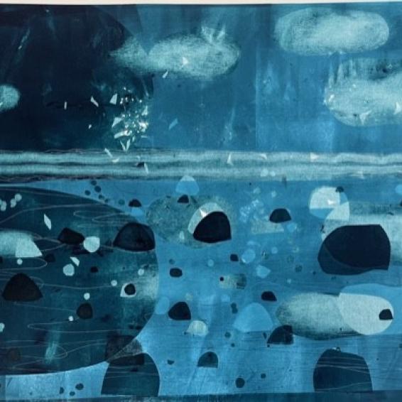 a semi abstract print of the sea with rocks