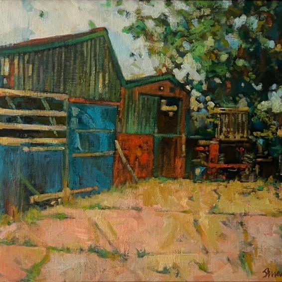 an oil painting of farm buildings