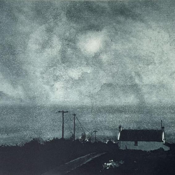an etching of our cottage and a dark sky