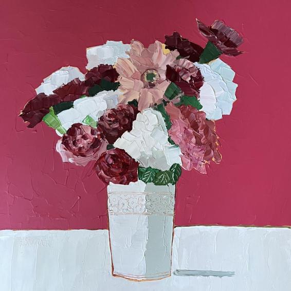 a painting of vase flowers against a dark pink background