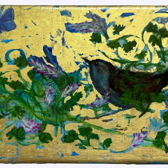 a painting of a dunnock And a blue butterfly against a gold background