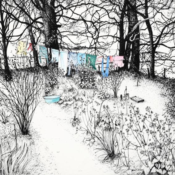 an etching of a garden with a washing line