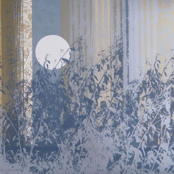a screen print of the moon with plants in front of it