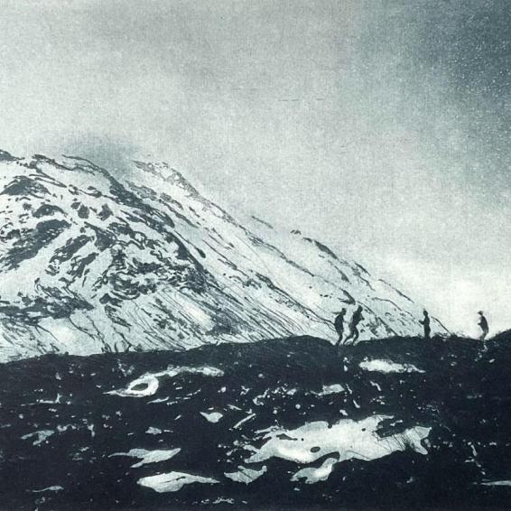 an etching of figures in a snowy landscape