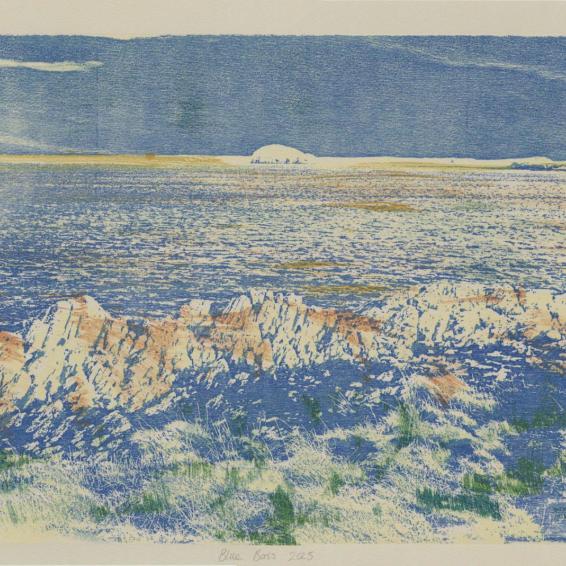 a soft coloured print of a beach with an island in the distance