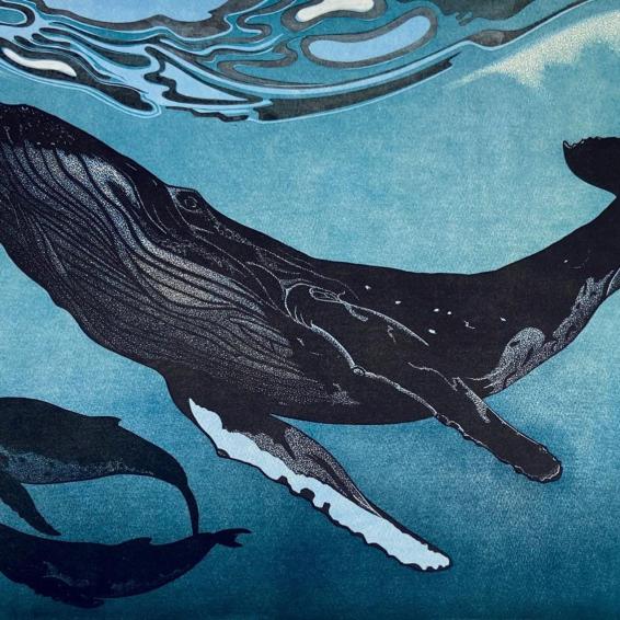a lino cut of whales underwater