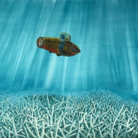 a painting of a toy submarine underwater