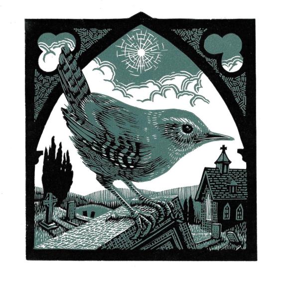 a picture of a Wren inside a stylized frame