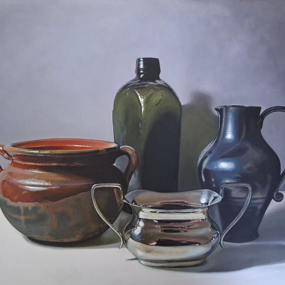 a Detailed Still Life painting of four objects